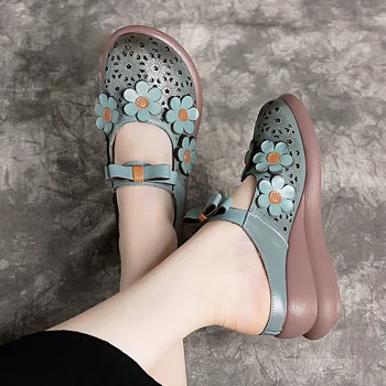 CEYANEAO 2020 nové letné klasické duté kvet ženy originálne kožené sandále pohodlie sandále non-slip hrubé dno klin črievičku