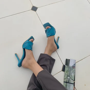 2020 Jar Leto Ženy Väzbe Sandále Listov Námestí Otvorené Prst Stiletto Vysoké Podpätky Tkaných Topánky, Papuče Módne Sandále Strany