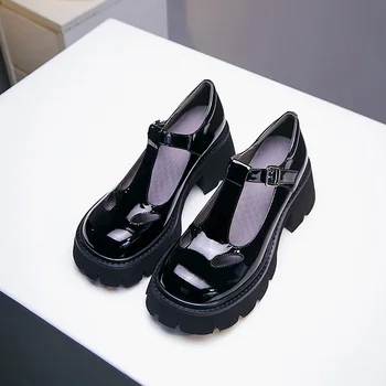 Jar, jeseň retro robustný vysoké podpätky mary janes dámske topánky kolo prst vintage classic T - popruh čierne topánky žena šaty čerpadlá