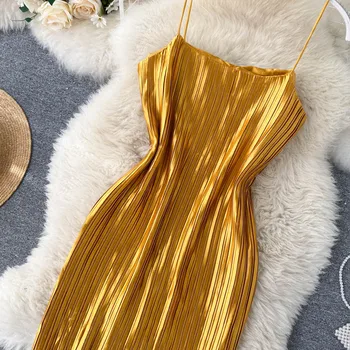 2020 Ženy, Ročník Zlaté Skladaný Šaty Módne Jar Jeseň Špagety Popruh Sexy Party Šaty Dámske Elegantné Peniaze, Župan