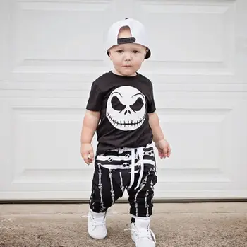 Nové Halloween Lebky Oblečenie Set Baby Boy Bavlna T-shirt Top Hárem Nohavice Black&White Dieťa Výstroj Deti Tepláková súprava Nastaviť