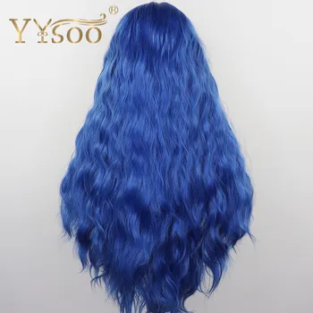 YYsoo Dlhé Modré Syntetických Čipky Dopredu Kučeravé Parochňu 13x4 Glueless Kanekalon Vlákniny Pol Ručne Viazané Modré Vlasy s Baby Vlasy pre Ženy