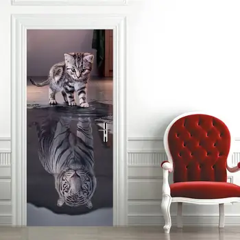 3D Cute Kitty Odraz Tiger Dekorácie-Nálepky DIY Dvere Nálepky Nepremokavé Odnímateľné Dvere Nálepky