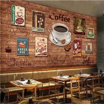 Európa a Amerika Retro Nostalgia Kávy Ikony Červená Tehla Tapety Kaviarni, Reštaurácii, kaviarni Priemyselné Výzdoba Steny Papier 3D