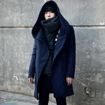 Jeseň zima mužov dlho zákopy srsti kórejský štýl plášť s kapucňou mužov slim vlna kabát chlapci punk dlhé bundy casaco masculino