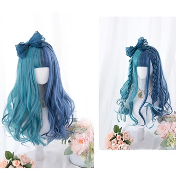 Denne Japonský Štýl Lolita Cosplay Parochne Vysokej teploty Vlákna, Syntetické Vlasy, Modré, Fialové Dlhé Vlny Kučeravé Vlasy+ zadarmo parochňu net