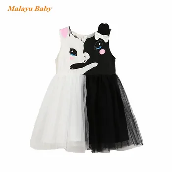 Malayu Dievčatká Princezná Šaty Letné Nové Bavlna Cartoon Čierna Biela Dva-farba Oka Módne Detskej Narodeninovej Party Šaty