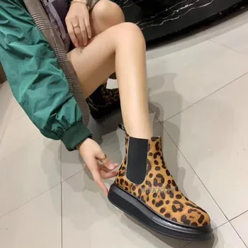 Hrubé jediným leopard martin topánky ženy platformu skutočné leatner Elastické Pásme Dráhy Topánky 2020 Jeseň zima komfort, členkové topánky