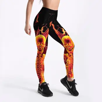 Vysoký pás Fitness Legíny ženy cvičenie Push Up Leginy móda Tlačené oheň lebky jegging ženy nohavice