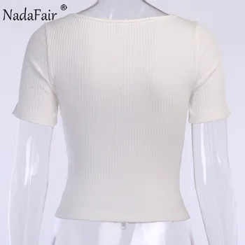 Nadafair Pletené Plodín Top Ženy Sexy Pevné Tričko Zip, Biele, Čierne Krátke Rukáv Streetwear 2020 Letné Topy