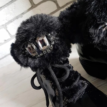 Ženy Zime Sneh Krátke Topánky 2020 Čierna Srsť Lakovanej Kože Platformu Drahokamu Dámske Členkové Topánky Nové Ženské Luxusné Teplé Topánky