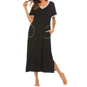 Plavky Dlho Nightgown Žien Ultra-mäkké Nightshirt Plnej Dĺžke Sleepwear S Vrecku Žena Noc Šaty Sleepshirts #LR2