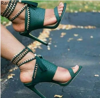 Letná móda čipky Žena zelená sandále kovové reťaze dekor Sexy Čerpadlá strapec tenký dizajn päty ženské šaty topánky