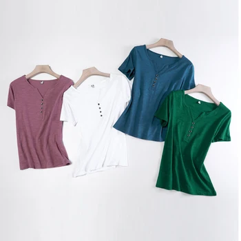 Tričko Ženy Bavlna Základného Tvaru 2021 Kórejský Štýl Žena Oblečenie Letné Dámske Dlhý Rukáv Topy T-Tričko Tee Tričko Femme