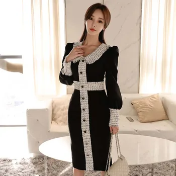 2020 Nový Kórejský Elegantné Bodycon Štíhly Pás Šaty Žien Strany Jeseň Zima Vintage Spojov Office Dámske Šaty Vestidos Čierna