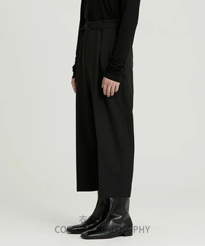 Yamamoto štýl mužov bežné nohavice nine-point nohavice voľné mierne širokú nohu nohavice tmavo jednoduchý minimalistický pásu