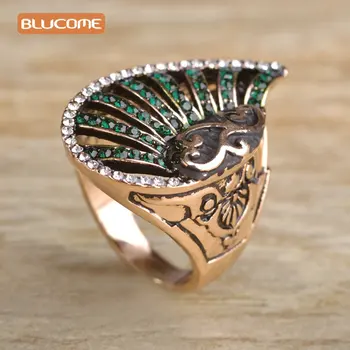 Blucome Turecký Retro Krúžok Slimák Tvar Zelené Kryštály Živice Ženy Vintage Prsteň Široký Starožitné Strany Prst Príslušenstvo Šperky