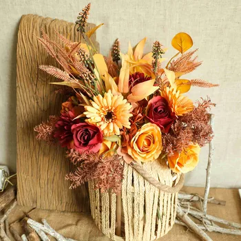 Jesenné Dekorácie Umelé Ruže, Chryzantémy Skúmie Zmes Buket Diy Umelé Kvety Domov Bar Reštaurácia Dekor