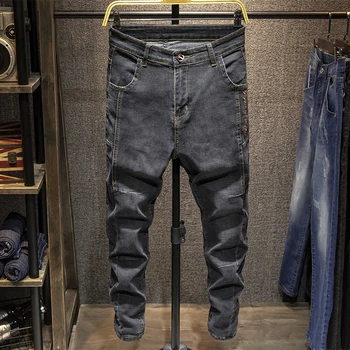 Muži List výšivky Streetwear Slim fit Jeans nohavice Módne Značky Muž Hip hop Bavlna Pevné Príležitostných Bežcov Džínsové nohavice
