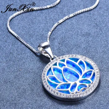 JUNXIN White/Blue Fire Opal Kolo Prívesok Duté Lotosový Kvet Náhrdelník Pre Ženy Móda Strieborná Farba Šperky