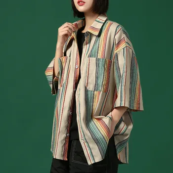 2020 Jeseň Bavlna, Blúzky, polovičný Rukáv shires kórejský z kontrast farieb dúhy pruhované-krátke rukávy voľné tričko žien nové