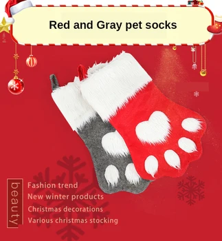 Vianočné ponožky červená a šedá dlhosrstého psa, packa ponožka vrece Cukroví Tašky decoracion navidad 2020 stromček, ozdoby Weihnachtsstrumpf