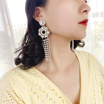 Veľké Crystal Pearl Strapec Dlhé Náušnice Kvapka Ženy Vyhlásenie Módne Šperky Earings