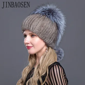 JINBAOSEN ruskej noriek kožušiny klobúk spp vydra s fox v kombinácii s kožušinou módny klobúk pletené vlnené vložky zimné žena na srsť ski hat