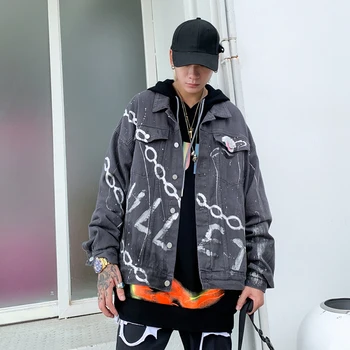 Reťaz Maľované Streetwear Mens Džínsy Windbreaker Bunda Retro Prať Denim Kabát Nadrozmerná Hip Hop Bežné Bomber Bundy pre Mužov