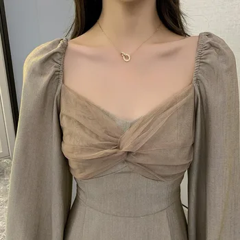One-piece kórejský Šaty Elegantné Retro Vintage Praty Šaty Offcie Lady Bežné Tenký Dlhý Rukáv Šaty Nové 2020 Žien Jeseň Šaty