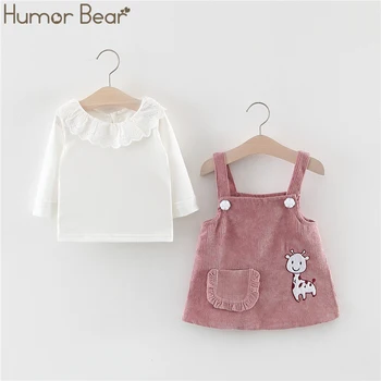 Humor Medveď Dievčatá Jeseň kórejské Deti, Oblečenie pre Bábiku Golier Dlhý Rukáv +Popruh Šaty 2ks Suit Baby Deti Oblečenie Oblek