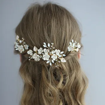 SLBRIDAL Crystal Drahokamu Sladkovodné Perly Keramické Kvetinové Svadobné Svadobné Vlasy Klip Barrettes Vlasy Kolíky Nálepky Ženy Šperky