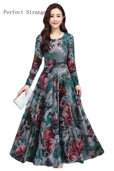 2020 Jeseň Nový Príchod Teplej Predaj Kolo Golier kvetov Vytlačené Dlhý Rukáv Ženy Dlhé Šaty Plus Veľkosť M-4XL