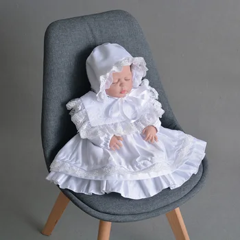 Baby Šaty Infant Girls Long Sleeve Retro Petal Klope Saténová Čipka Šaty +Klobúk Batoľa Dievčatá Krst Oblečenie Narodeniny Oblečenie