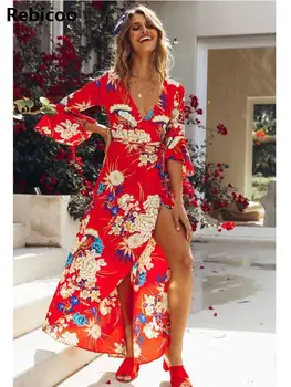 Horela rukáv zábal šaty pre ženy Letné módy 3/4 rukáv hlboko v krku sundress Vintage split dlho maxi šaty vestidos