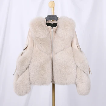 2020 Zimné Nové Módne Reálne Líška Srsť Srsť S Originálnym Ovčej Kože Wholeskin Prírodné Fox Kožušiny Bunda Outwear Luxusné Ženy