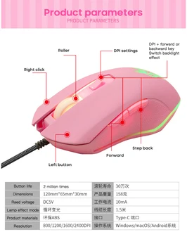 Ružová Žiariace Myši 2400Dpi Káblové pripojenie Hernej Myši Tichý Farebné USB Typ-C Myš Pre PC, Notebook, Herné Príslušenstvo