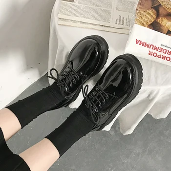 Patent Kožené Topánky Platformu Ženy Bytov Nového Študenta kórejská Verzia Divoké Čierne Topánky Dámy Dievča British Obuv NW5011