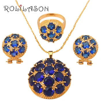 Luxusné Kolo Modrá Zlaté Šperky Crystal Sady Náušnice, Náhrdelník Krúžok sz #6.75 #7.75 #8.75 Módne Šperky JS131