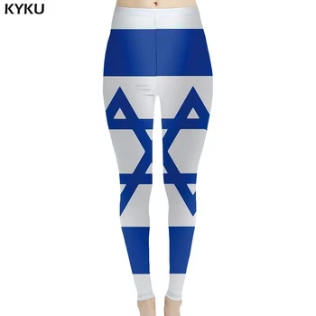 KYKU Značky Geometrických Legíny Ženy Modré Elastické Izrael Vlajky Vytlačené nohavice Gotický Sexy Spandex Športové Dámske Legíny, Nohavice