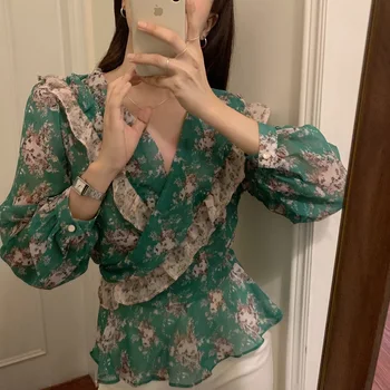 Cudzie Kitty Šifón Blúzky Ženy 2020 Lete kórejský Štýl Vintage Zelený Kvetinový Rozstrapatené Čipky Pás V-neck Topy Tričko Femme