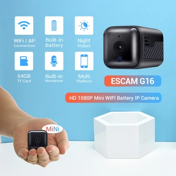 ESCAM g16, ansel MINI IP KAMERA 1080P Mini WiFi Nočné Videnie Batérie Kamera so Zvukom Podporu AP Hotspot 64GB Kartu, Video Rekordér