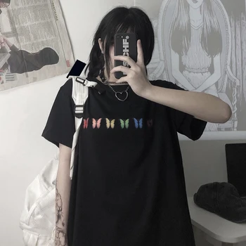 Ženy T-Shirts motýľ Tlače Harajuku Ročníka Letnej punk black Topy dropshipping šaty, krátky rukáv veľkosť para kórejského