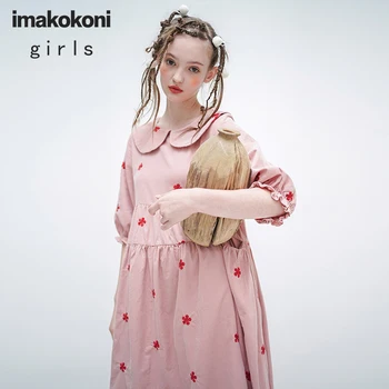 Imakokoni ružová vyšívané krátkym rukávom šaty originálny dizajn sladké a voľné strednej dĺžky žena lete 202992