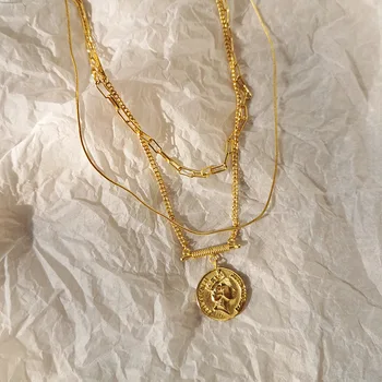 Amaiyllis S925 Šterlingov Strieborné Zlaté Mince, Náhrdelníky Prívesok Kráľovná Hlavu multi-layer Prehnané Clavicle Náhrdelník luxusné Šperky