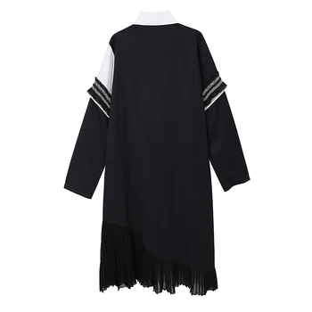 Nové Dlhý Rukáv Rovno Žena 2020 Jeseň Čierne Tričko Šaty Pruhy Patchwork Dámy Bežné Nosenie Midi Šaty V Štýle Župan 6818