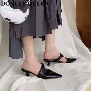 2020 Módne Ukázal Prst Papuče Ženy Pošmyknúť Na Tkaných Med Podpätky, Luxusné Značky Outsides Listov Elegantné Dámy Obuv Sandal Črievičku