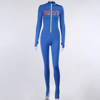 BOOFEENAA Šport Fitness Dlhý Rukáv Bodycon Jumpsuit Aktívne Nosenie List Vytlačený Modrou Remienky pre Ženy Jeden Kus Oblečenia C68-CI28