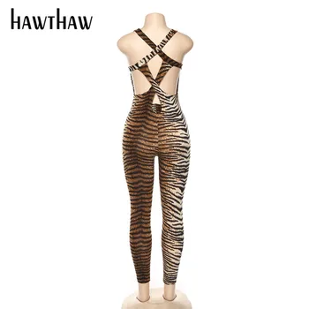 Hawthaw Ženy Jeseň Bežné Backless Jumpsuit Tiger Vytlačené Playsuit Fitness Chudá Romper 2020 Patria Športové Cvičenie Oblečenie