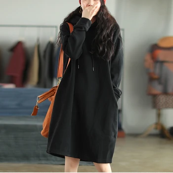 NINI DIVOV 2020 Jeseň Zimné Šaty s Kapucňou Ženy Fleece Teplé Voľné Šaty Šaty Žena Pevné Vintage Midi Šaty Veľká Veľkosť